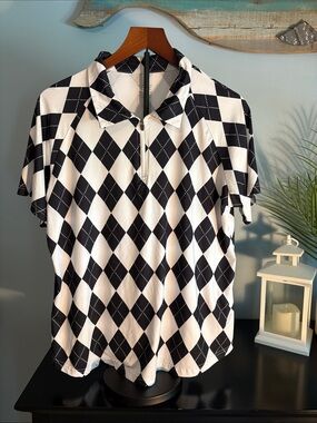 Black and White Argyle Polo Top golf shirt- women’s